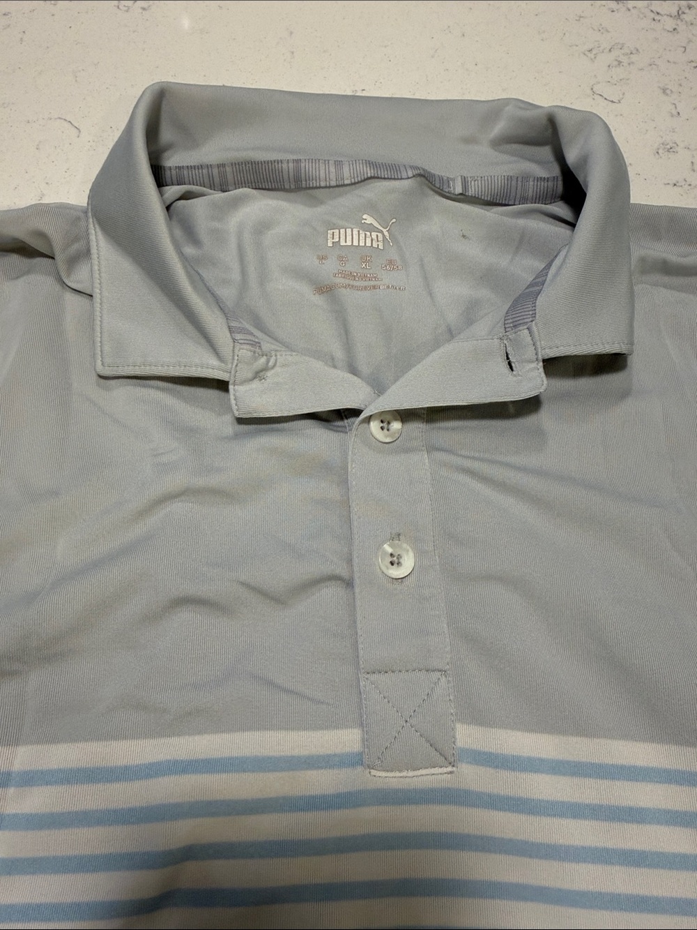 Puma Men’s Light Gray Polo with Blue Stripe Accents